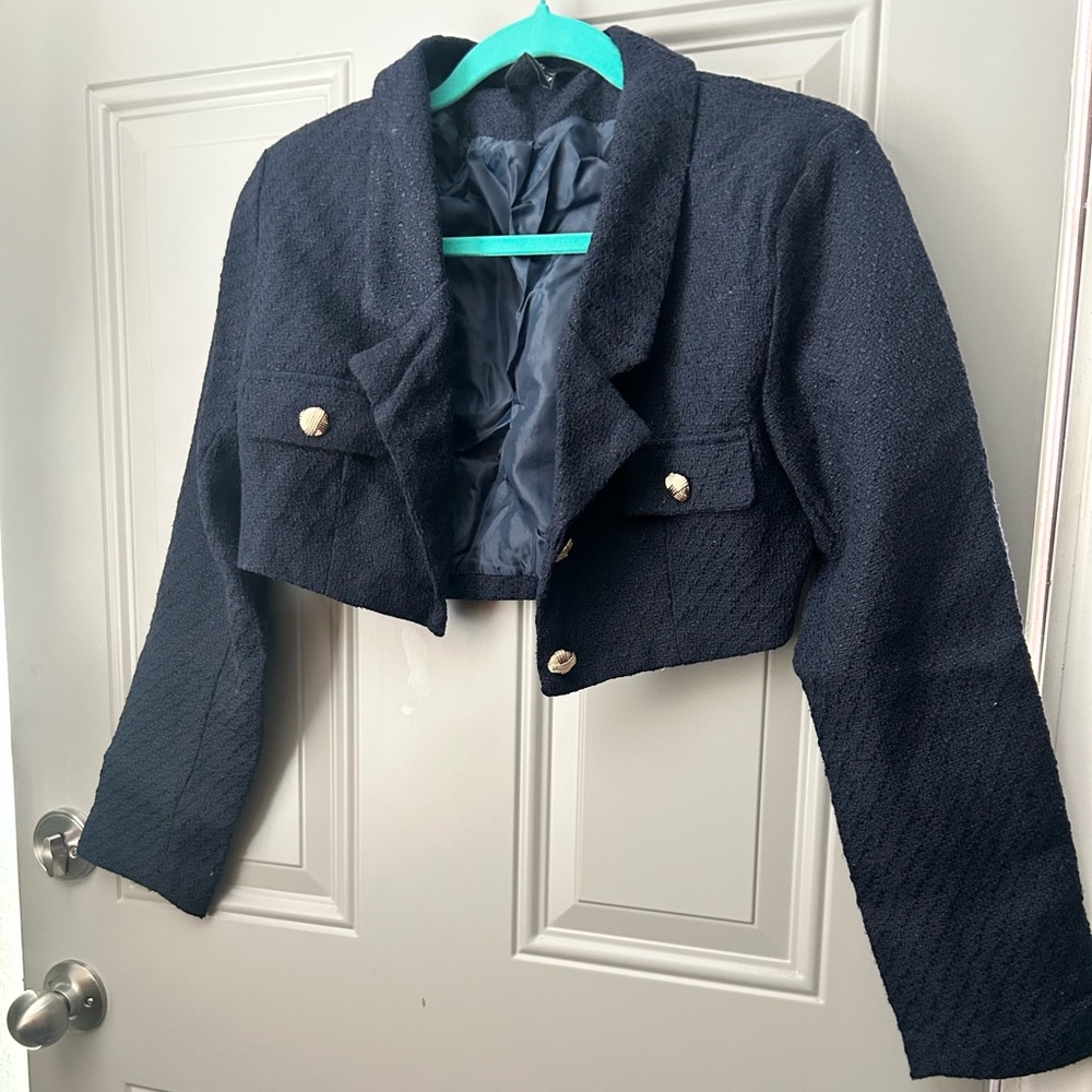 Cider Elegant Navy Blue Cropped Jacket